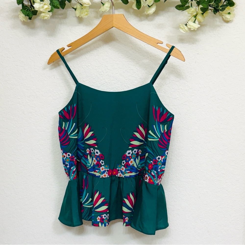 Isani • Tropical Teal Green Summer Peplum Top with Vibrant Floral Leaf Print